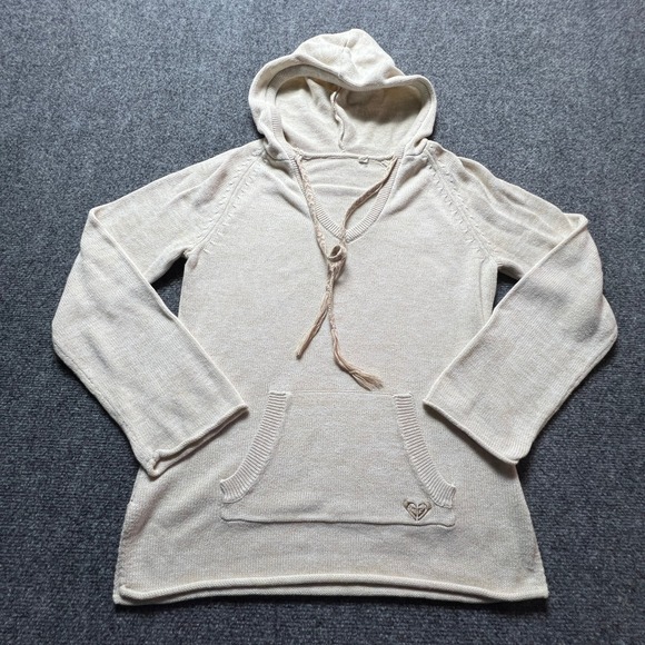 Roxy Sweaters - Roxy Womens Knit Hoodie Sweater Beige V-Neck Tassel Kangaroo Pocket Small
